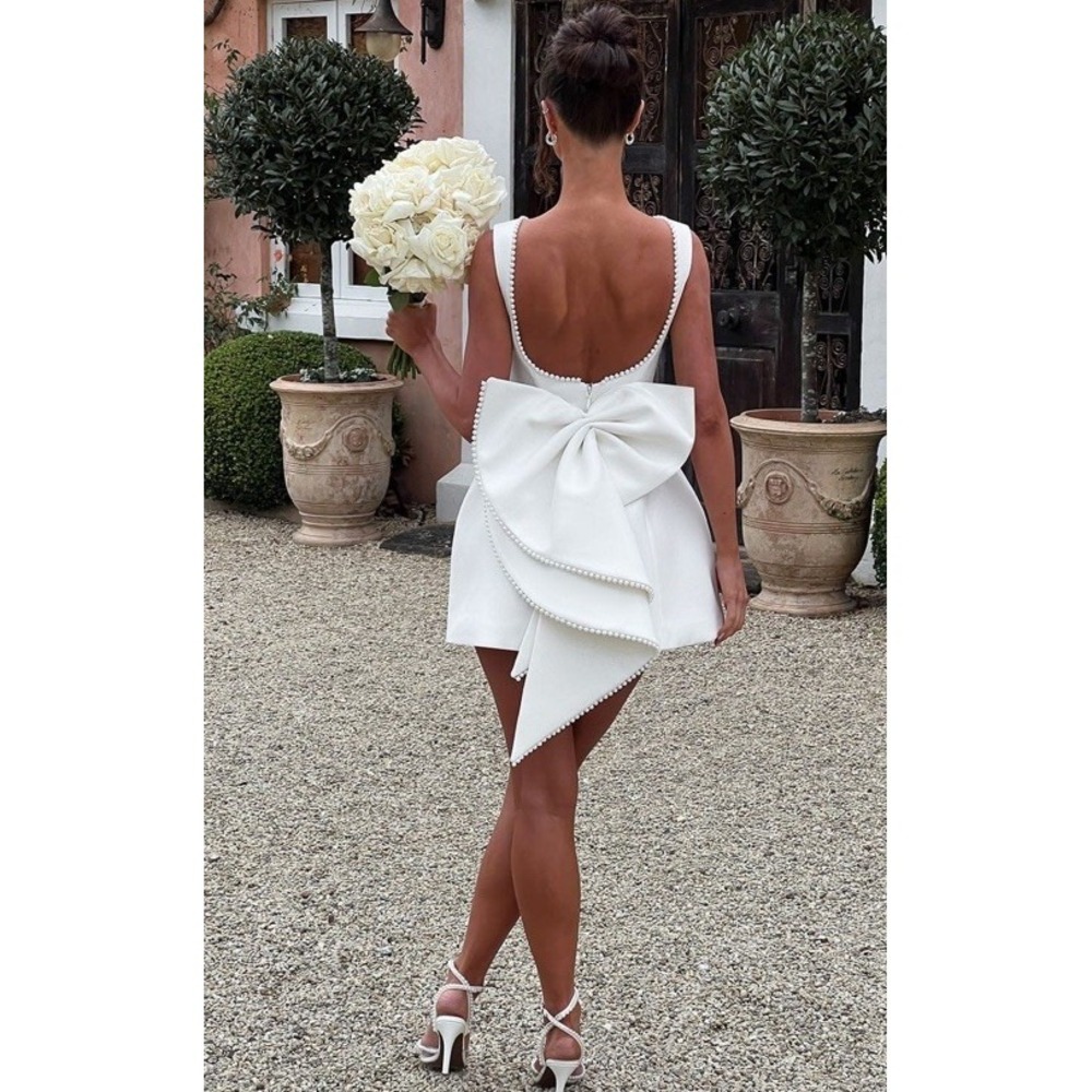 (b10/10)Sunfere  Short Mini Pearl  Dresses Bow Bridal WeddingPartyCocktailSize M